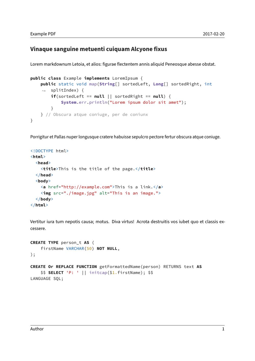 Code blocks without the LaTeX package 'listings'. This example uses the builtin pandoc highlighter.