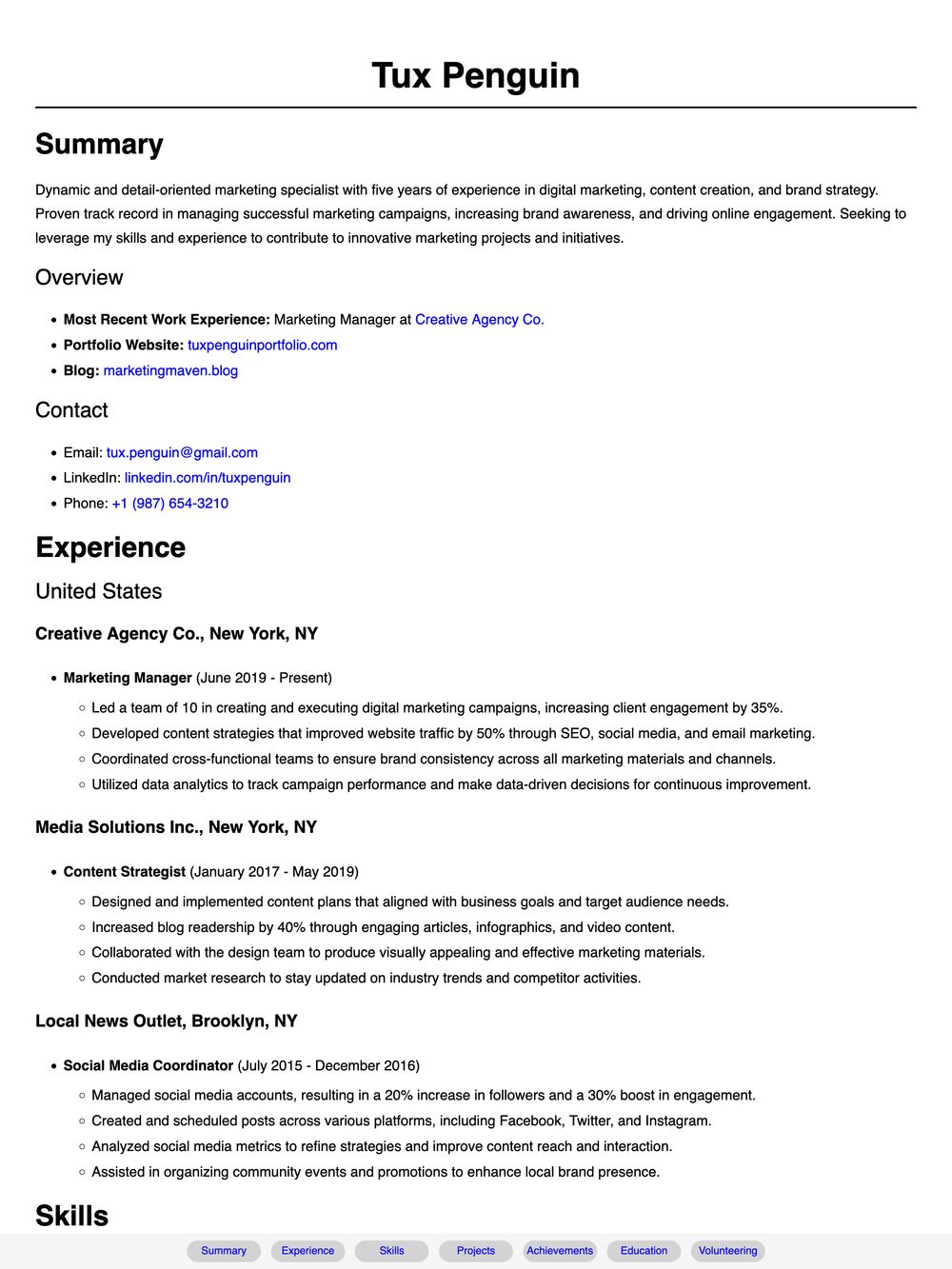 HTML resume portrait (light mode)