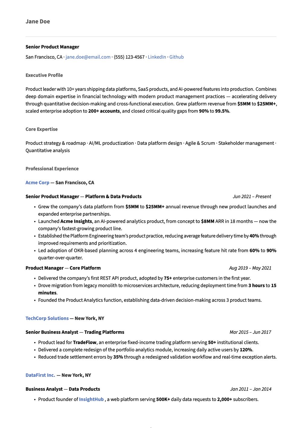 PDF resume produced with the Eisvogel LaTeX template