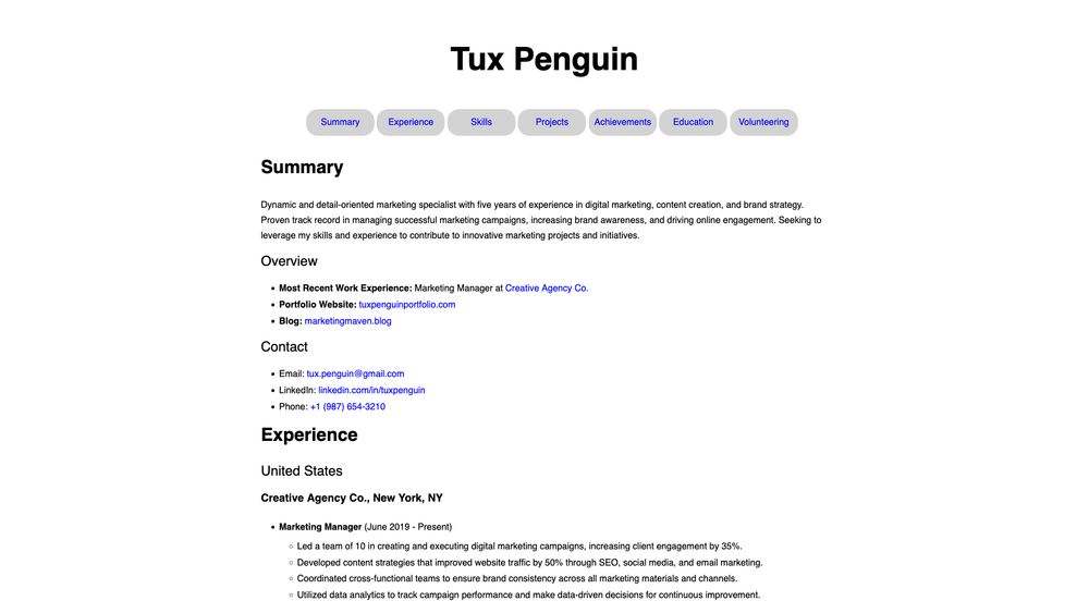 HTML resume landscape (light mode)