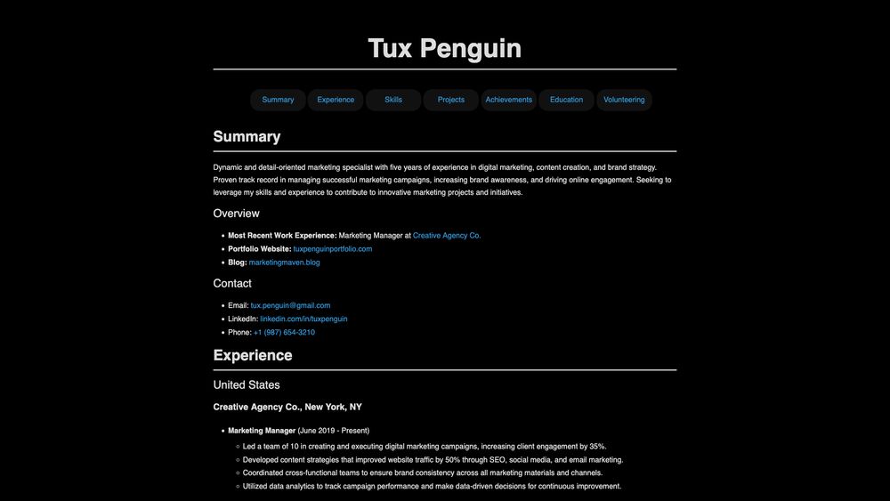 HTML resume landscape (dark mode): Responsive web design, custom background, and div settings with style.css. Automatically generated 'table of contents' transformed into a menu bar with dropdown subsections. Longer content sections are hidden and revealed on mouseover (or with a single-tap on mobile).