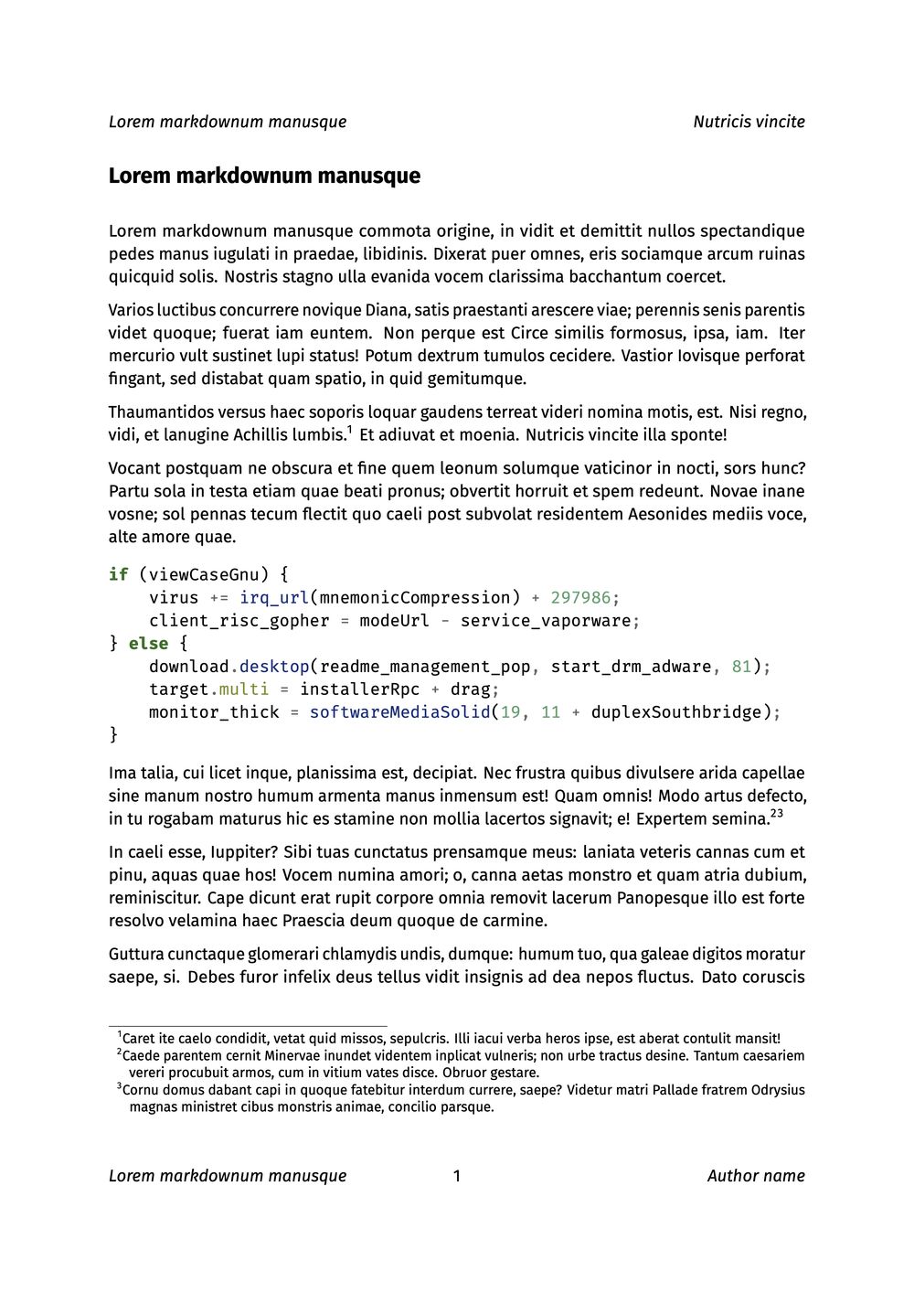 Custom example with Fira as a font family and custom headers and footers.