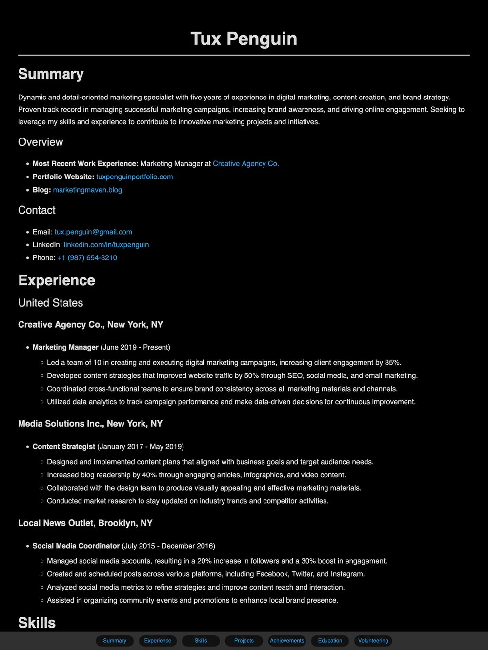 HTML resume portrait (dark mode)