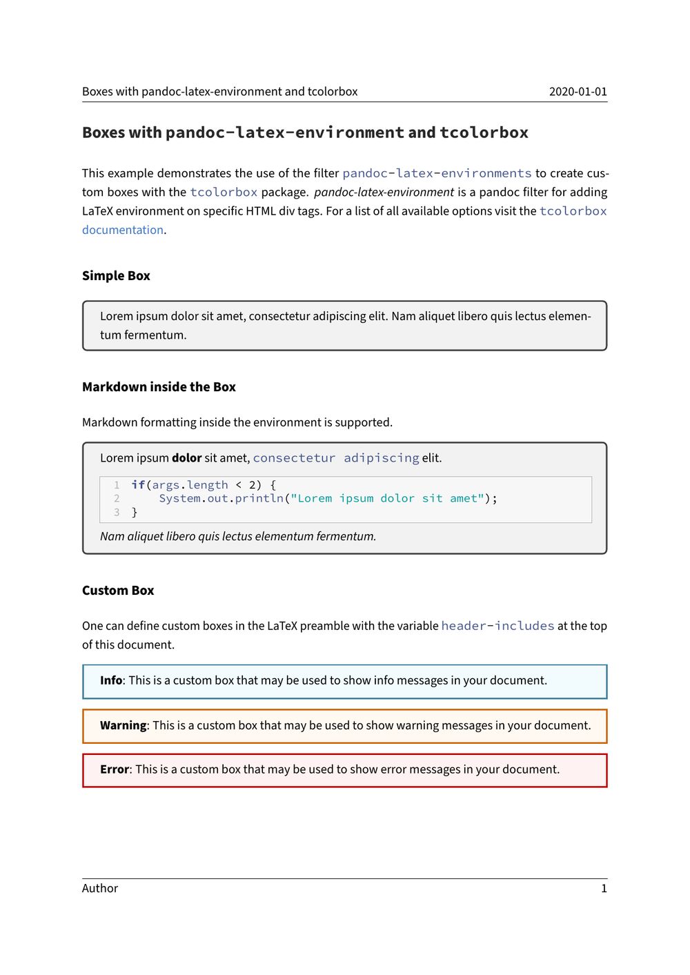Custom boxes with the pandoc filter 'pandoc-latex-environment' and the LaTeX package 'tcolorbox'