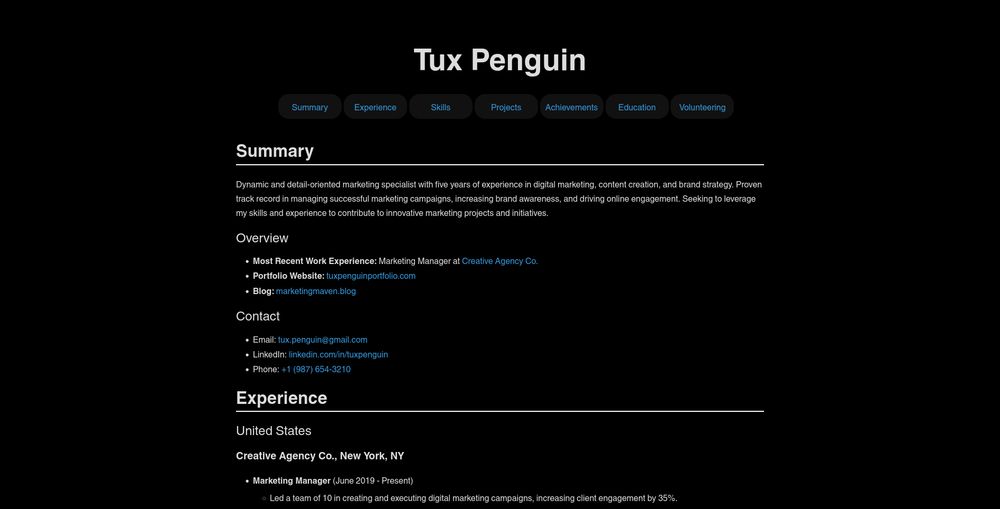 HTML Output Example: Responsive web design, custom background, and div settings with style.css. Automatically generated 'table of contents' transformed into a menu bar with dropdown subsections. Longer content sections are hidden and revealed on mouseover (or with a single-tap on mobile).