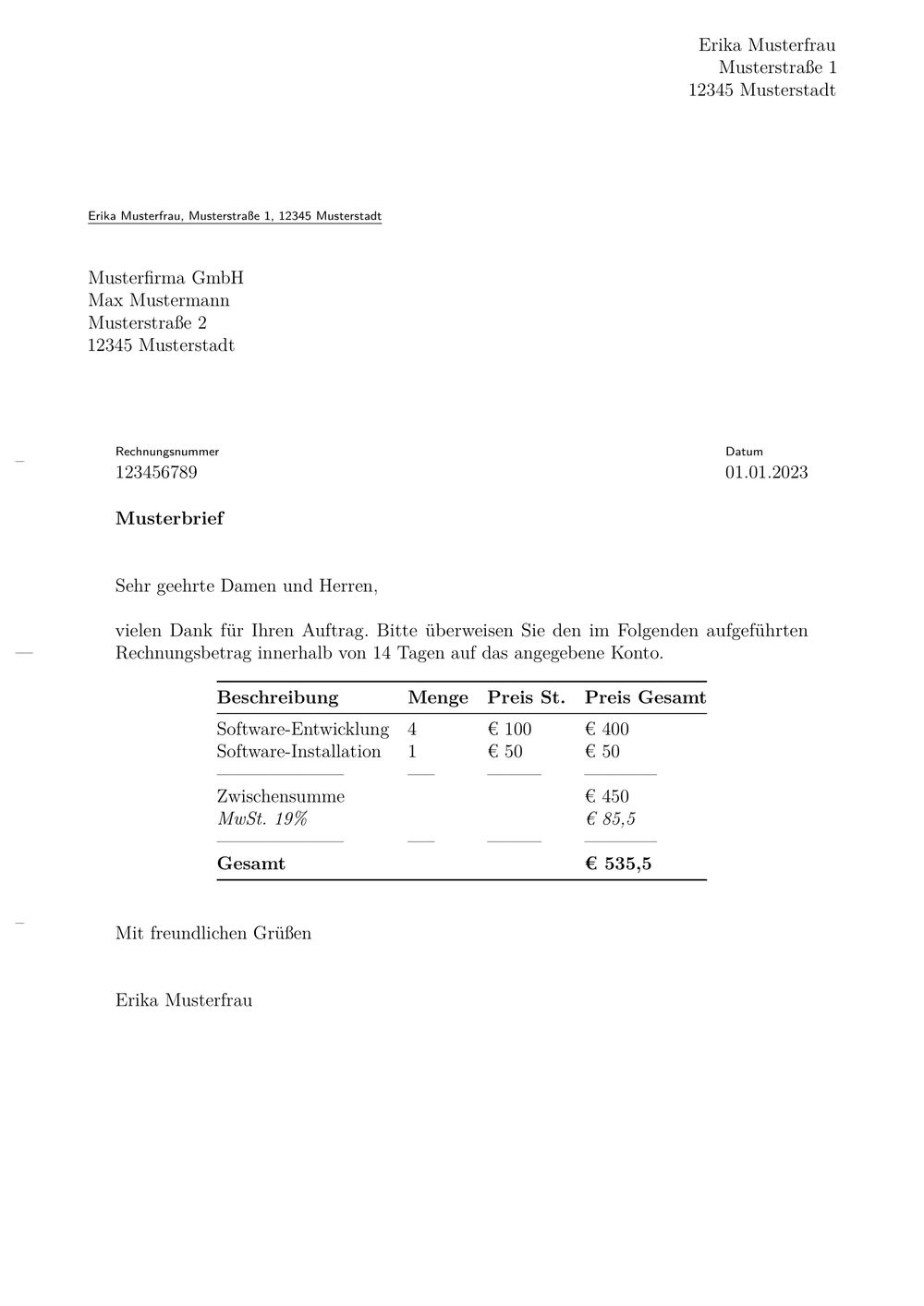 Pandoc Letter Template DIN 5008 (Invoice Example)
